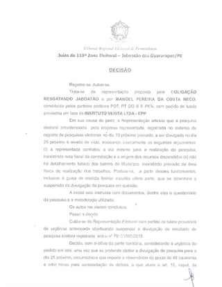 Justiça Eleitoral suspende divulgação de pesquisa em Jaboatão