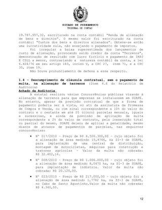 19.787.957,32, escriturado na conta contábil “Renda de alienação
de bens e direitos”. O mesmo valor foi escriturado na conta
contábil “Custos dos bens e direitos alienados”. Obteve-se então
uma lucratividade nula, não ensejando o pagamento de impostos.
Foi irregular a baixa superestimada dos lançamentos de
custo de alienação, provocando saldo credor da conta “Terrenos”,
demonstração de resultado com lucro fictício e pagamento de IRPJ
E CSLL a menor, contrariando a natureza contábil da conta, a lei
6.404/76 em seu artigo 183, inciso V, a CPC 27, item 71, e a CPC
30, item 19.
Não houve pronunciamento de defesa a esse respeito.
1.4 - Descumprimento de cláusula contratual, sem o pagamento de
multa, na alienação de terrenos (Item 4.6 do Relatório de
Auditoria)
Achado da Auditoria
A estatal realizou várias Concorrências públicas visando à
alienação de terrenos para que empresas se instalassem em SUAPE.
No entanto, apesar da previsão contratual de que a forma de
pagamento poderia ser à vista, no ato da assinatura da Promessa
de Compra e Venda, ou com sinal correspondente a 10% do valor do
contrato e o restante em até 05 (cinco) parcelas mensais, iguais
e sucessivas, e ainda da previsão de aplicação de multa
correspondente a 2% do valor de contrato, pela inexecução total
ou parcial do mesmo, SUAPE deixou de aplicar a penalidade, mesmo
diante de atrasos de pagamentos de parcelas, nas seguintes
concorrências:
• Nº 017/2010 – Preço de R$ 4.500.300,00 – cujo objeto foi
a alienação de área medindo 15,8766, na ZI-3 de SUAPE,
para implantação de uma central de distribuição,
montagem de motocicletas, máquinas para construção e
tratores agrícolas – Valor da multa não cobrada:
R$ 32.402,16.
• Nº 008/2010 – Preço de R$ 1.006.000,00 – cujo objeto foi
a alienação de área medindo 8,0470 ha, na ZI-3 de SUAPE,
para implantação de indústria. Valor da multa não
cobrada: R$ 20.120,00.
• Nº 023/2010 – Preço de R$ 217.000,00 – cujo objeto foi a
alienação de área medindo 1,7782 ha, na ZI-3 de SUAPE,
no Cabo de Santo Agostinho.Valor da multa não cobrada:
R$ 4.340,00.
12
 