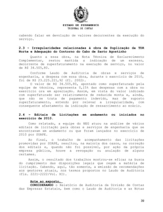 cabendo falar em devolução de valores decorrentes da execução do
serviço.
2.3 - Irregularidades relacionadas à obra de Duplicação da TDR
Norte e Adequação do Contorno do Cabo de Santo Agostinho
Quanto a essa obra, na Nota Técnica de Esclarecimento
Complementar, restou mantida a indicação de um excesso,
decorrente de superfaturamento na execução de serviço, no valor
de R$ 34.505,80.
Conforme Laudo de Auditoria de obras e serviços de
engenharia, a despesa com essa obra, durante o exercício de 2010,
foi de R$ 23.225.221,92 (fl. 2002).
O valor de R$ 34.505,80, apontado como superfaturado pela
equipe de técnica, representa 0,15% das despesas com a obra no
exercício ora em apreciação. Assim, em vista do valor indicado
com superfaturado ser relativamente de reduzida monta e, ainda,
que não se trata de pagamento indevido, mas de suposto
superfaturamento, entendo por relevar a irregularidade, com
consequente afastamento da indicação de ressarcimento ao erário.
2.4 – Editais de Licitações em andamento ou iniciados no
exercício de 2010.
Como relatado, a equipe do NEG atuou na análise de vários
editais de licitação para obras e serviços de engenharia que se
encontravam em andamento ou que foram lançados no exercício de
2010 por SUAPE.
Ao final, o trabalho de acompanhamento das licitações
promovidas por SUAPE, resultou, na maioria dos casos, na correção
dos editais e, quando não foi possível, por ação da própria
empresa pública, houve a revogação ou anulação de alguns
certames.
Assim, o resultado dos trabalhos mostrou-se eficaz na busca
do cumprimento das disposições legais que regem a matéria de
licitação. Cabendo, aqui, tão somente, a emissão de recomendações
aos gestores atuais, nos termos propostos no Laudo de Auditoria
(fls. 2221-2222/Vol. XI).
Ante ao exposto,
CONSIDERANDO o Relatório de Auditoria da Divisão de Contas
das Empresas Estatais, bem como o Laudo de Auditoria e as Notas
39
 