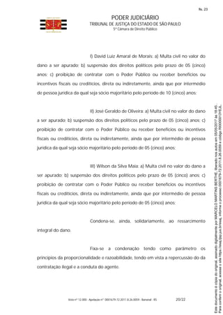 PODER JUDICIÁRIO
TRIBUNAL DE JUSTIÇA DO ESTADO DE SÃO PAULO
5ª Câmara de Direito Público
Voto nº 12.000 - Apelação nº 0001679-72.2011.8.26.0059 - Bananal - RS 20/22
I) David Luiz Amaral de Morais: a) Multa civil no valor do
dano a ser apurado; b) suspensão dos direitos políticos pelo prazo de 05 (cinco)
anos; c) proibição de contratar com o Poder Público ou receber benefícios ou
incentivos fiscais ou creditícios, direta ou indiretamente, ainda que por intermédio
de pessoa jurídica da qual seja sócio majoritário pelo período de 10 (cinco) anos;
II) José Geraldo de Oliveira: a) Multa civil no valor do dano
a ser apurado; b) suspensão dos direitos políticos pelo prazo de 05 (cinco) anos; c)
proibição de contratar com o Poder Público ou receber benefícios ou incentivos
fiscais ou creditícios, direta ou indiretamente, ainda que por intermédio de pessoa
jurídica da qual seja sócio majoritário pelo período de 05 (cinco) anos;
III) Wilson da Silva Maia: a) Multa civil no valor do dano a
ser apurado; b) suspensão dos direitos políticos pelo prazo de 05 (cinco) anos; c)
proibição de contratar com o Poder Público ou receber benefícios ou incentivos
fiscais ou creditícios, direta ou indiretamente, ainda que por intermédio de pessoa
jurídica da qual seja sócio majoritário pelo período de 05 (cinco) anos;
Condena-se, ainda, solidariamente, ao ressarcimento
integral do dano.
Fixa-se a condenação tendo como parâmetro os
princípios da proporcionalidade e razoabilidade, tendo em vista a repercussão do da
contratação ilegal e a conduta do agente.
Paraconferirooriginal,acesseositehttps://esaj.tjsp.jus.br/esaj,informeoprocesso0001679-72.2011.8.26.0059ecódigoRI0000013YEJL.
Estedocumentoécópiadooriginal,assinadodigitalmenteporMARCELOMARTINSBERTHE,liberadonosautosem05/05/2017às18:45.
fls. 23
 