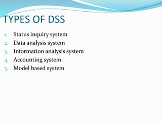 TYPES OF DSS
1. Status inquiry system
2. Data analysis system
3. Information analysis system
4. Accounting system
5. Model based system
 