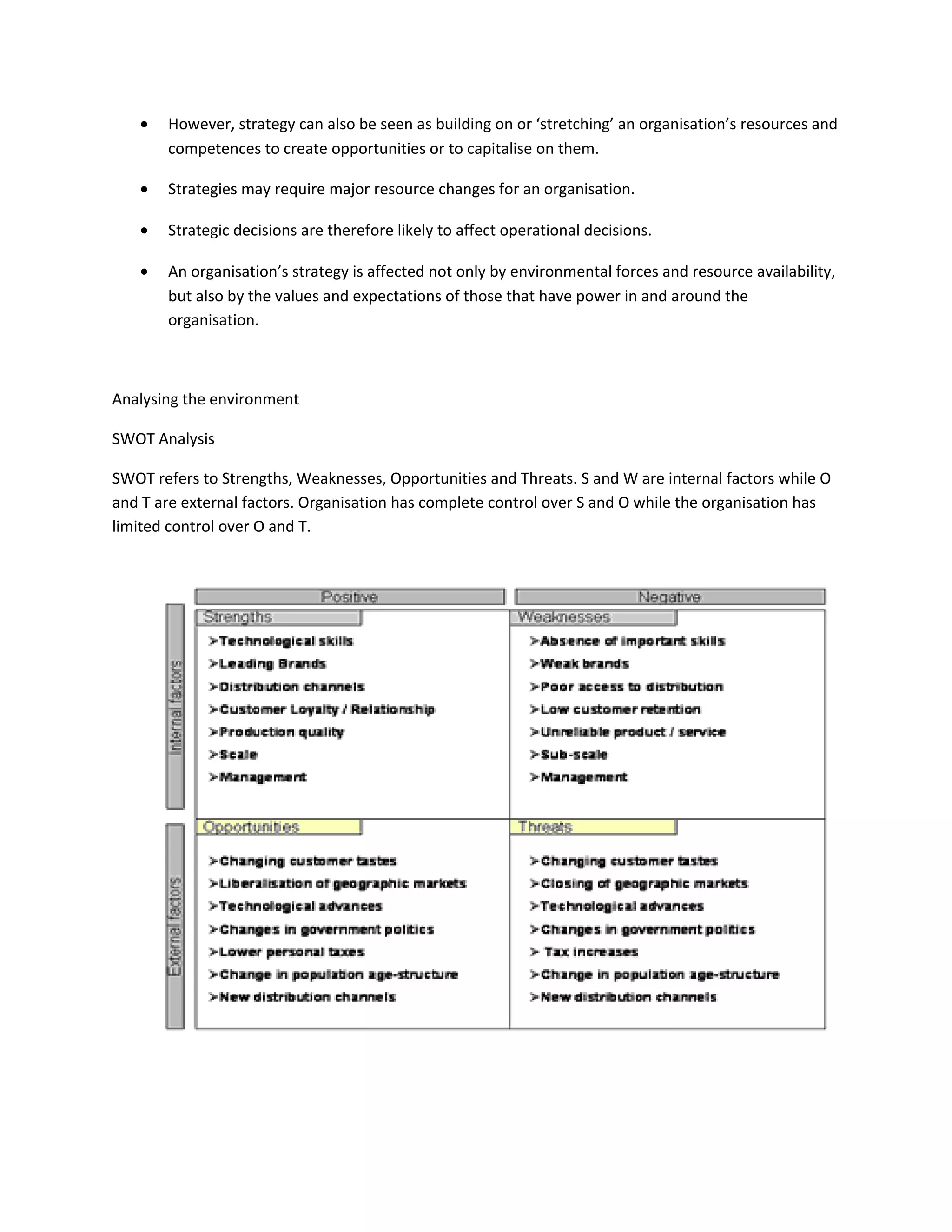 •   However, strategy can also be seen as building on or ‘stretching’ an organisation’s resources and
       competences to create opportunities or to capitalise on them.

   •   Strategies may require major resource changes for an organisation.

   •   Strategic decisions are therefore likely to affect operational decisions.

   •   An organisation’s strategy is affected not only by environmental forces and resource availability,
       but also by the values and expectations of those that have power in and around the
       organisation.



Analysing the environment

SWOT Analysis

SWOT refers to Strengths, Weaknesses, Opportunities and Threats. S and W are internal factors while O
and T are external factors. Organisation has complete control over S and O while the organisation has
limited control over O and T.
 