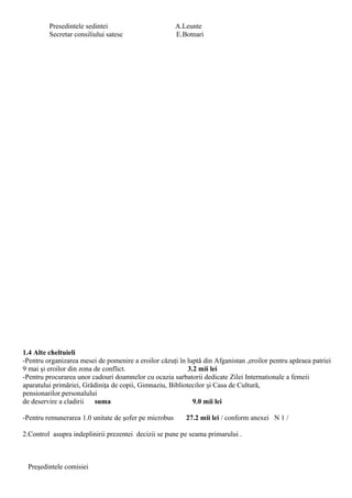 Presedintele sedintei A.Leunte
Secretar consiliului satesc E.Botnari
1.4 Alte cheltuieli
-Pentru organizarea mesei de pomenire a eroilor căzuţi în luptă din Afganistan ,eroilor pentru apăraea patriei
9 mai şi eroilor din zona de conflict. 3.2 mii lei
-Pentru procurarea unor cadouri doamnelor cu ocazia sarbatorii dedicate Zilei Internationale a femeii
aparatului primăriei, Grădiniţa de copii, Gimnaziu, Bibliotecilor şi Casa de Cultură,
pensionarilor.personalului
de deservire a cladirii suma 9.0 mii lei
-Pentru remunerarea 1.0 unitate de şofer pe microbus 27.2 mii lei / conform anexei N 1 /
2.Control asupra indeplinirii prezentei decizii se pune pe seama primarului .
Preşedintele comisiei
 