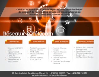 Cette BU se réjouit d’une grande expertise dans toutes les étapes
de transport de l’information, depuis son émission jusqu’à sa
livraison, d’une façon fiable et sécurisée

Réseaux & Télécom
Réseaux IT

•	 Réseaux LAN/WAN/
MAN
•	 Equipements &
Câblage (Cuivre &
Optique)
•	 Convergence IP
•	 Salles Blanches &
Data Centers

Infra Télécom

•	 Accès / Transmission
•	 Réseaux Ethernet Wifi & Métro
•	 Infrastructure Fibre
Optique
•	 Réseaux Mobiles
2G/3G/4G/LTE

Tests & Mesures

•	 Tests de Réseaux
Terrain
•	 Tests de Réseaux
d’accès et
d’Entreprises
•	 Tests de Réseaux
Mobiles
•	 Tests des Applications
Réseaux

Service Assurance
•	 Network Performance
Management
•	 Fault Management
(Gestion des pannes )
•	 Gestion des
configurations réseaux

30, Rue Aziz Bellal, Casablanca, Maroc Tél : +(212) 522 990 791 / Fax : +(212) 522 230 375
www.decizia.com / contact@decizia.com

 