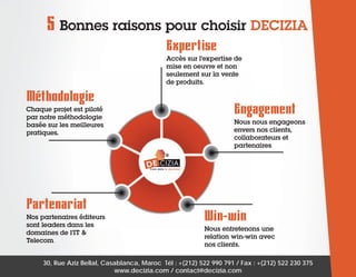 5 Bonnes raisons pour choisir DECIZIA
Expertise
Accès sur l’expertise de
mise en oeuvre et non
seulement sur la vente
de produits.

Méthodologie
Chaque projet est piloté
par notre méthodologie
basée sur les meilleures
pratiques.

Partenariat
Nos partenaires éditeurs
sont leaders dans les
domaines de l’IT &
Telecom.

Engagement
Nous nous engageons
envers nos clients,
collaborateurs et
partenaires.

Win-win
Nous entretenons une
relation win-win avec
nos clients.

30, Rue Aziz Bellal, Casablanca, Maroc Tél : +(212) 522 990 791 / Fax : +(212) 522 230 375
www.decizia.com / contact@decizia.com

 