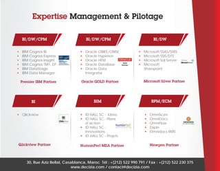 Expertise Management & Pilotage
BI/DW/CPM
•	
•	
•	
•	
•	
•	

IBM Cognos BI
IBM Cognos Express
IBM Cognos Insight
IBM Cognos TM1, EP
IBM DataStage
IBM Data Manager

Premier IBM Partner

BI/DW/CPM
•	
•	
•	
•	
•	

Oracle OBIEE/OBISE
Oracle Hyperion
Oracle HFM
Oracle DataBase
Oracle Data
Integrator

Oracle GOLD Partner

BI/DW
•	
•	
•	
•	

Microsoft SSAS/SSRS
Microsoft SSIS/DTS
Microsoft Sql Server
Microsoft
Sharepoint

Microsoft Silver Partner

Partner

BI
•	 Qlickview

Qlickview Partner

BPM/ECM

BIM
•	 ID HALL SC - Idées
•	 ID HALL SC - Plans
d’action
•	 ID HALL SC Innovations
•	 ID HALL SC - Projets

HumanPerf MEA Partner

•	
•	
•	
•	
•	

OmniScan
OmniDocs
OmniFlow
ZapIn
Omnidocs RMS

Newgen Partner

30, Rue Aziz Bellal, Casablanca, Maroc Tél : +(212) 522 990 791 / Fax : +(212) 522 230 375
www.decizia.com / contact@decizia.com

 