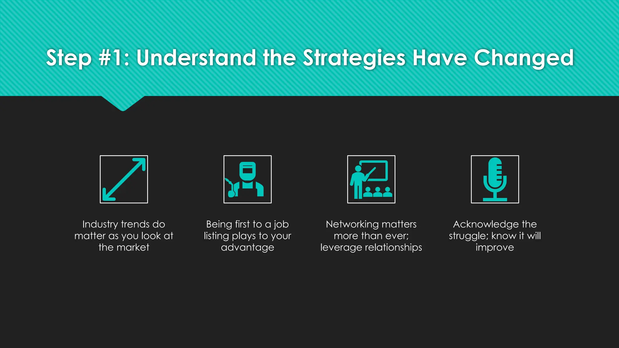 Step #1: Understand the Strategies Have Changed
Industry trends do
matter as you look at
the market
Being first to a job
listing plays to your
advantage
Networking matters
more than ever;
leverage relationships
Acknowledge the
struggle; know it will
improve
 