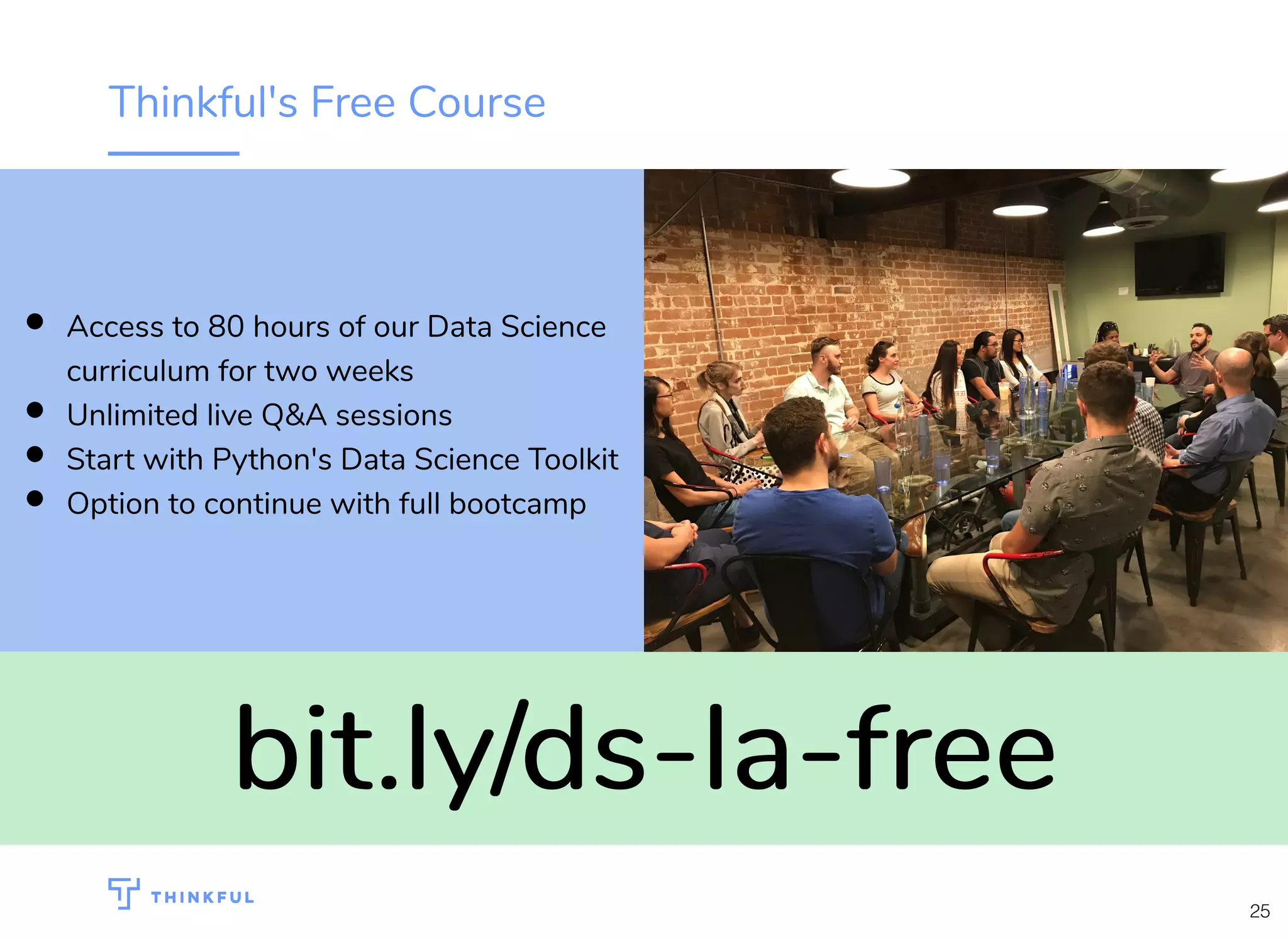 Thinkful's Free Course
bit.ly/ds-la-freebit.ly/ds-la-free
Access to 80 hours of our Data Science
curriculum for two weeks
Unlimited live Q&A sessions
Start with Python's Data Science Toolkit
Option to continue with full bootcamp
25
 