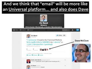And	
  we	
  think	
  that	
  "email"	
  will	
  be	
  more	
  like	
  
an	
  Universal	
  platform...	
  and	
  also	
  does	
  Dave	
  
Dave	
  McClure	
  
 