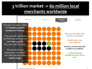  
3	
  trillion	
  market	
  -­‐>	
  60	
  million	
  local	
  
merchants	
  worldwide	
  	
  
Groupon	
  has	
  been	
  called	
  
the	
  fastest	
  growing	
  
company	
  in	
  history.	
  	
  
	
  
Their	
  growth	
  rate	
  from	
  
the	
  ﬁrst	
  year	
  and	
  second	
  
year	
  was	
  2,241%.	
  	
  
Yes,	
  you	
  read	
  correctly.	
  
	
  
We	
  saw	
  how	
  local	
  
businesses	
  	
  can	
  adapt	
  
very	
  fast	
  because	
  they	
  
"call	
  for	
  help!"	
  	
  
	
  
 