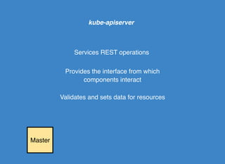 Master
kube-apiserver
Validates and sets data for resources
Services REST operations
Provides the interface from which
components interact
 