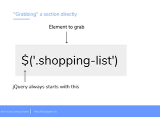 "Grabbing" a section directly
$('.shopping-list')
jQuery always starts with this
Element to grab
it.ly/jquery-lahttp://bWi-Fi: Cross Camp.us Events
 