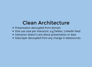 MVVM
Microsoft Pattern
Removes UI code from Activities/Fragments
View has no knowledge of model
Data Binding = Bind ViewModel to Layout
Goodbye Presenter, hello ViewModel
 