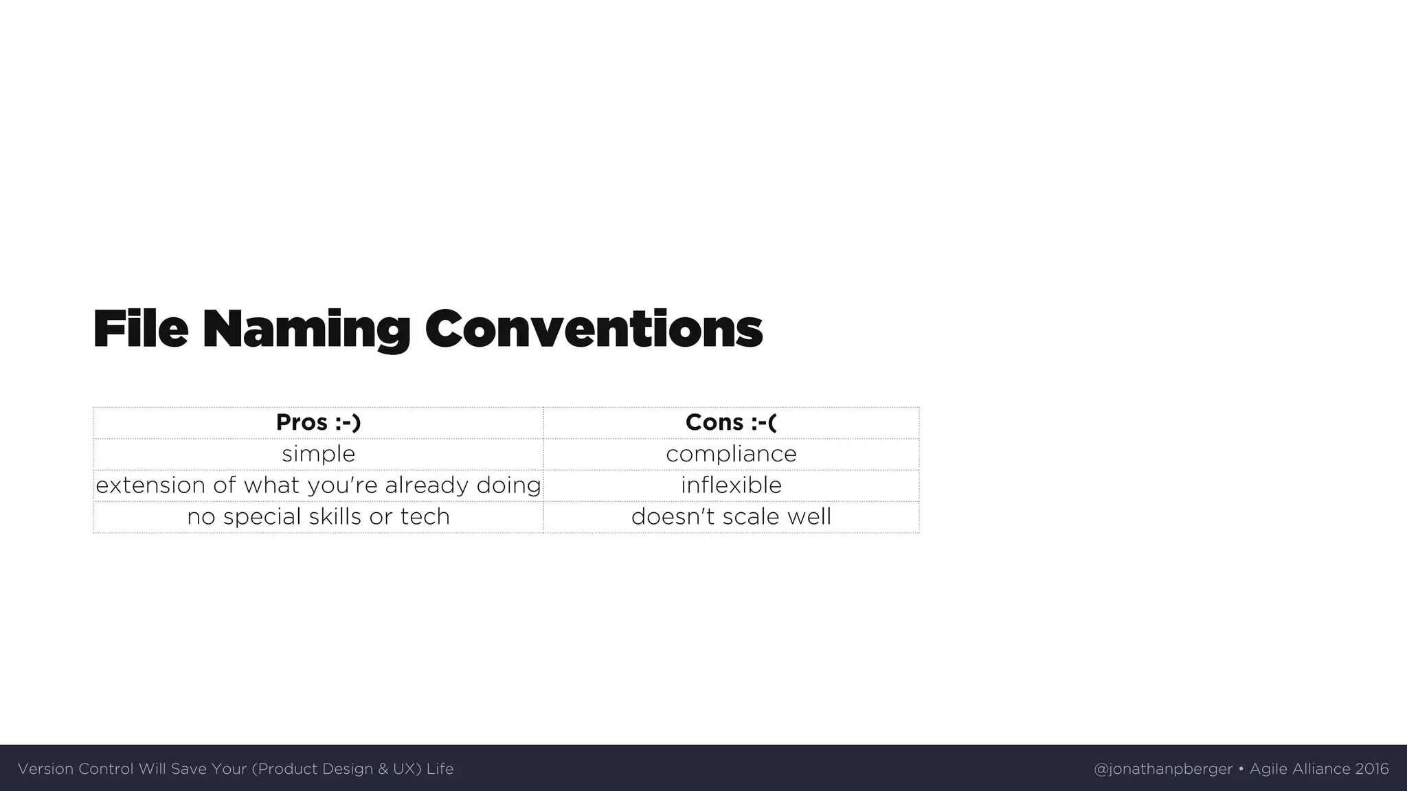 File	Naming	Conventions
Pros	:-) Cons	:-(
simple compliance
extension	of	what	you're	already	doing inflexible
no	special	skills	or	tech doesn't	scale	well
Version	Control	Will	Save	Your	(Product	Design	&	UX)	Life @jonathanpberger	•	Agile	Alliance	2016
 