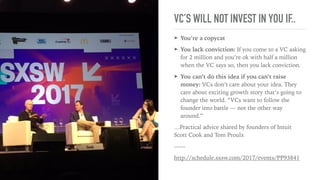 STAR WARS
➤ On honouring legacy: When making Star Wars, the team was
careful to not deviate too much from the look and feel of the
original Star Wars Trilogy. The original Star Wars battleships
were put together using model car kits (called “kitmashing”).
The new Star Wars crew trace all the parts to their original kits,
which they bought on Ebay.
➤ On recreating the feeling rather than reality: When they
ﬁnished, they realized that “Reality wasn’t as grand as you
remembered. We wanted to recreate what’s in your mind’s eye.”
➤ On the unpredictability of the next great idea: Nearly
everyone who has seen Star Wars would guess that the
dogﬁghting scene taking place in the trenches on the Death Star
was along the equatorial trenches. One member of the crew
pointed out that it’s actually along the longitudinal direction,
based on a scene in the original Star Wars, noticed by a member
of the crew.
———
http://schedule.sxsw.com/2017/events/PP67537
@vickschutz
 