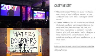 GARY VAYNERCHUK
Gary Vaynerchuk, serial entrepreneur and early investor in Uber, Birchbox, Snapchat,
Facebook, Twitter and Tumblr, shared some of his personal wisdom through a Q&A.
How Vaynerchuk describes himself: “I’m trying to become injection of audacity into
people who are held back from the pool they just want to jump in.”
➤ On creatives: “With all the math that is being pumped into the world, the creative
is still the variable of success”
➤ On self esteem: “There are so many people here who are sad. Self esteem is the
ultimate drug in life. There's a very ﬁne line between self esteem and delusion.
Insecurity leads to politics. Insecurity is a killer.”
➤ On getting loud on positivity: If you are positive, you are happy and optimistic.
You owe it to each other to get louder, because the only people that are loud are
the people that are upset. Right? Negativity is on ﬁre. And happy people are
clamming away from it. That’s how we stay happy. I went the other way. I’m going
right at it. Putting it out every single day.
➤ On success: Two things to make you successful:
1. Listen
2. Try things: “for everything I get credit for that I did well, there are other things
that I did not do well. But it doesn’t matter because it’s forgotten.”
➤ On patience: “I’m obsessed with patience”
——
http://schedule.sxsw.com/2017/events/PP93818
@garyvee
 