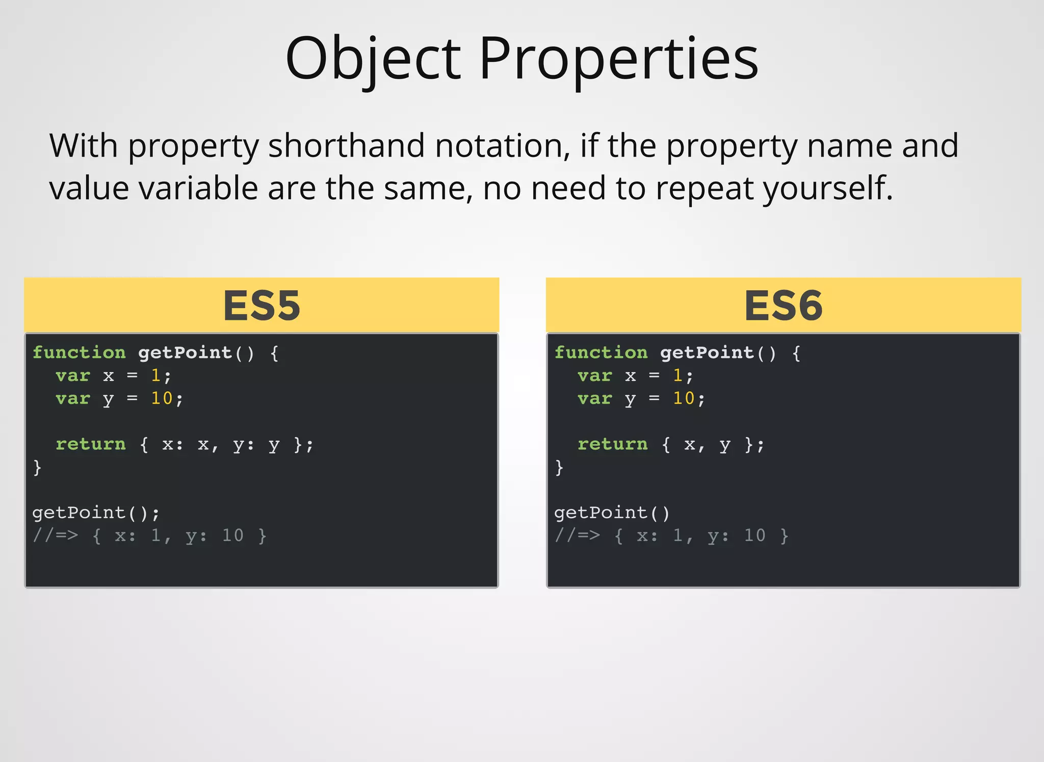 Object Properties
function getPoint() {
var x = 1;
var y = 10;
return { x: x, y: y };
}
getPoint();
//=> { x: 1, y: 10 }
With property shorthand notation, if the property name and
value variable are the same, no need to repeat yourself.
function getPoint() {
var x = 1;
var y = 10;
return { x, y };
}
getPoint()
//=> { x: 1, y: 10 }
ES5ES5 ES6ES6
 