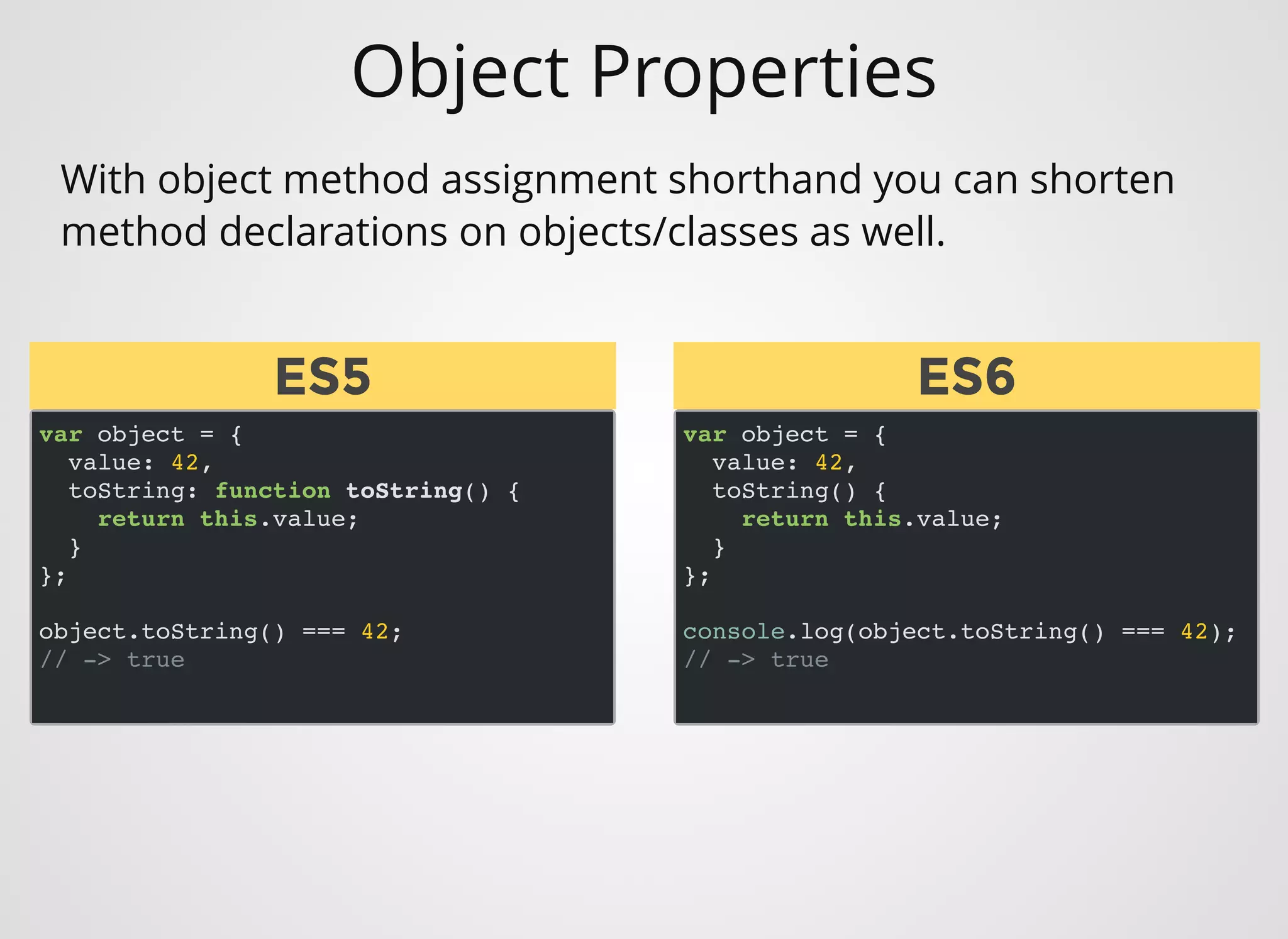 Object Properties
var object = {
value: 42,
toString: function toString() {
return this.value;
}
};
object.toString() === 42;
// -> true
With object method assignment shorthand you can shorten
method declarations on objects/classes as well.
var object = {
value: 42,
toString() {
return this.value;
}
};
console.log(object.toString() === 42);
// -> true
ES5ES5 ES6ES6
 