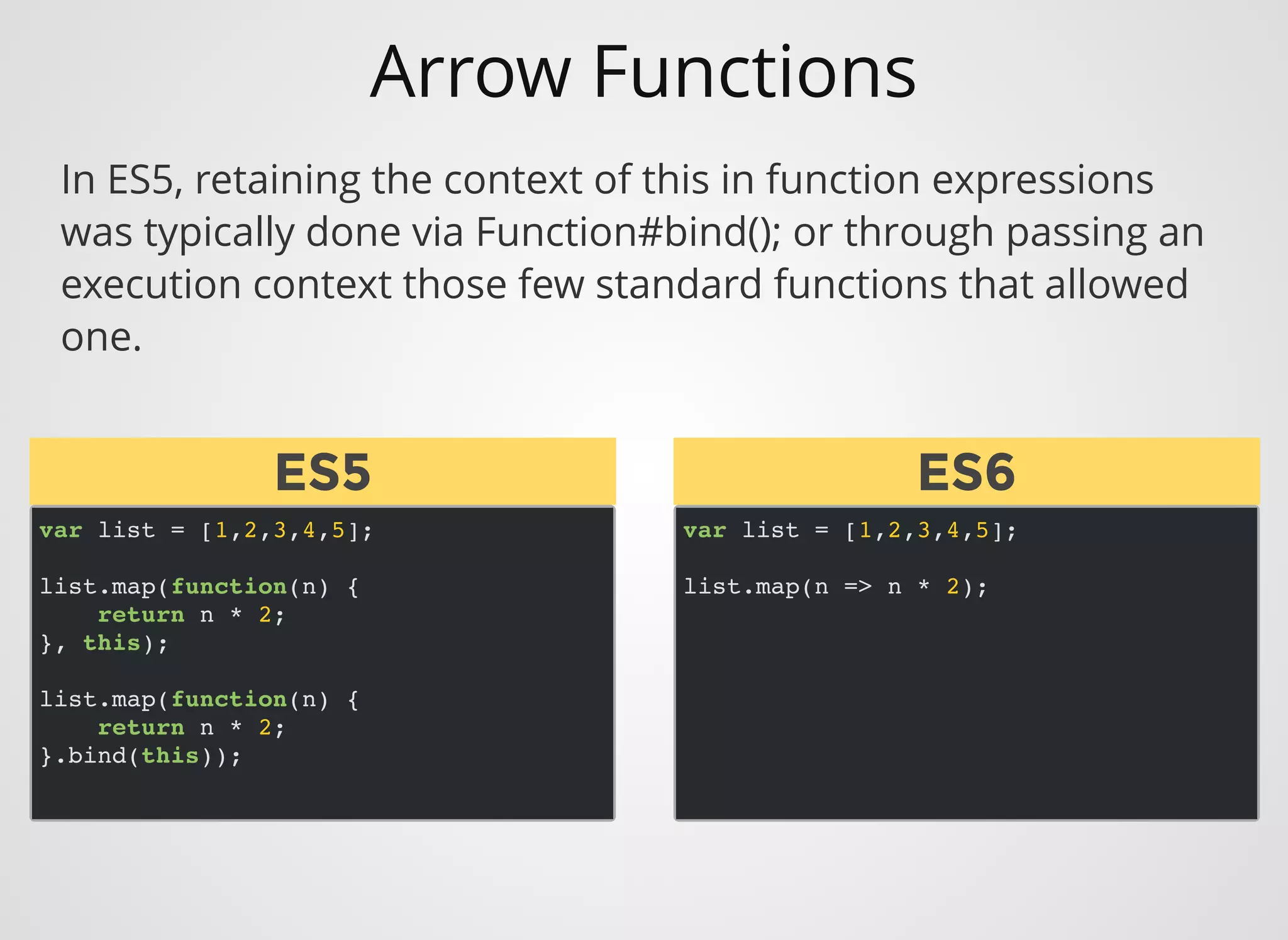Arrow Functions
var list = [1,2,3,4,5];
list.map(function(n) {
return n * 2;
}, this);
list.map(function(n) {
return n * 2;
}.bind(this));
In ES5, retaining the context of this in function expressions
was typically done via Function#bind(); or through passing an
execution context those few standard functions that allowed
one.
var list = [1,2,3,4,5];
list.map(n => n * 2);
ES5ES5 ES6ES6
 