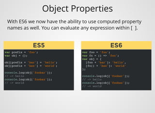 Object Properties
var prefix = 'foo';
var obj = {};
obj[prefix + 'bar'] = 'hello';
obj[prefix + 'baz'] = 'world';
console.log(obj['foobar']);
// -> hello
console.log(obj['foobaz']);
// -> world
With ES6 we now have the ability to use computed property
names as well. You can evaluate any expression within [  ].
var foo = 'foo';
var fn = () => 'foo';
var obj = {
[foo + 'bar']: 'hello',
[fn() + 'baz']: 'world'
};
console.log(obj['foobar']);
// -> hello
console.log(obj['foobaz']);
// -> world
ES5ES5 ES6ES6
 