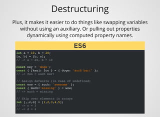 Destructuring
Plus, it makes it easier to do things like swapping variables
without using an auxiliary. Or pulling out properties
dynamically using computed property names.
let a = 10, b = 20;
[a, b] = [b, a];
// -> a = 20, b = 10
const key = 'doge';
const { [key]: foo } = { doge: 'such bar!' };
// -> foo = such bar!
// Assign defaults (in case of undefined)
const wow = { such: 'awesome' };
const { much='missing' } = wow;
// -> much = missing
// Skip over elements in arrays
let [,,c,d] = [1,2,3,4,5];
// -> c = 3
// -> d = 4
ES6ES6
 