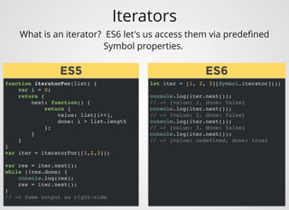 Iterators
function iteratorFor(list) {
var i = 0;
return {
next: function() {
return {
value: list[i++],
done: i > list.length
};
}
}
}
var iter = iteratorFor([1,2,3]);
var res = iter.next();
while (!res.done) {
console.log(res);
res = iter.next();
}
// -> Same output as right-side
What is an iterator?  ES6 let's us access them via predeﬁned
Symbol properties. 
let iter = [1, 2, 3][Symbol.iterator]();
console.log(iter.next());
// -> {value: 1, done: false}
console.log(iter.next());
// -> {value: 2, done: false}
console.log(iter.next());
// -> {value: 3, done: false}
console.log(iter.next());
// -> {value: undefined, done: true}
ES5ES5 ES6ES6
 