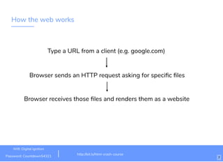 How the web works
Type a URL from a client (e.g. google.com)​
Browser sends an HTTP request asking for speciﬁc ﬁles
Browser receives those ﬁles and renders them as a website
http://bit.ly/html-crash-course
Wiﬁ: Digital Ignition
Password: Countdown54321 7
 