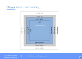 Margin, border, and padding
http://bit.ly/frontend-crash-course
Wiﬁ: MakeOfﬁces 5Ghz
Password: Internet!23 18
 