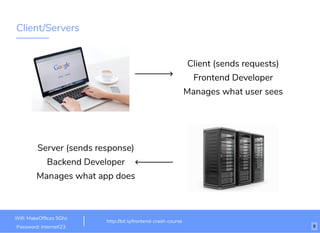 Client/Servers
Client (sends requests)
Frontend Developer
Manages what user sees
Server (sends response)
Backend Developer
Manages what app does
http://bit.ly/frontend-crash-course
Wiﬁ: MakeOfﬁces 5Ghz
Password: Internet!23 8
 