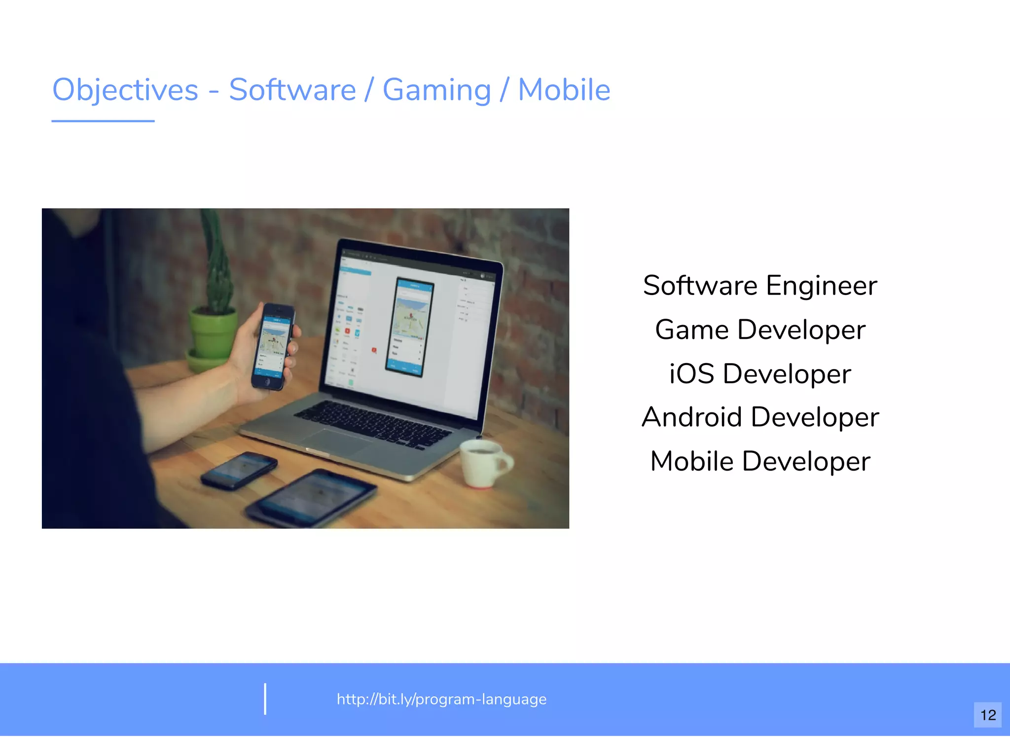 Software Engineer
Game Developer
iOS Developer
Android Developer
Mobile Developer
Objectives - Software / Gaming / Mobile
http://bit.ly/program-language
12
 