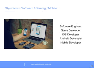 Software Engineer
Game Developer
iOS Developer
Android Developer
Mobile Developer
Objectives - Software / Gaming / Mobile
http://bit.ly/program-language
12
 