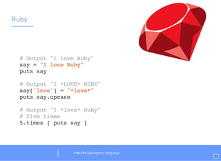 Ruby
http://bit.ly/program-language
# Output "I love Ruby"
say = "I love Ruby"
puts say
# Output "I *LOVE* RUBY"
say['love'] = "*love*"
puts say.upcase
# Output "I *love* Ruby"
# five times
5.times { puts say }
23
 