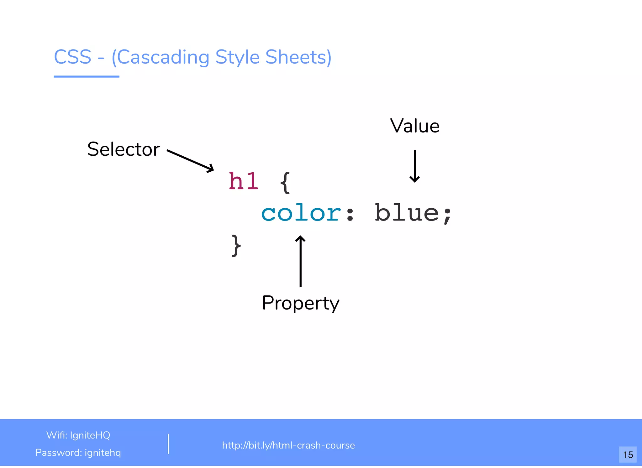 CSS - (Cascading Style Sheets)
h1 {
color: blue;
}
Value
Property
Selector
http://bit.ly/html-crash-course
Wi : IgniteHQ
Password: ignitehq 15
 
