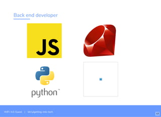 Back end developer
WiFi: In3-Guest | bit.ly/getting-into-tech
17
 