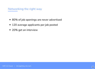 Networking the right way
80% of job openings are never advertised
120 average applicants per job posted
20% get an interview
WiFi: In3-Guest | bit.ly/getting-into-tech
33
 