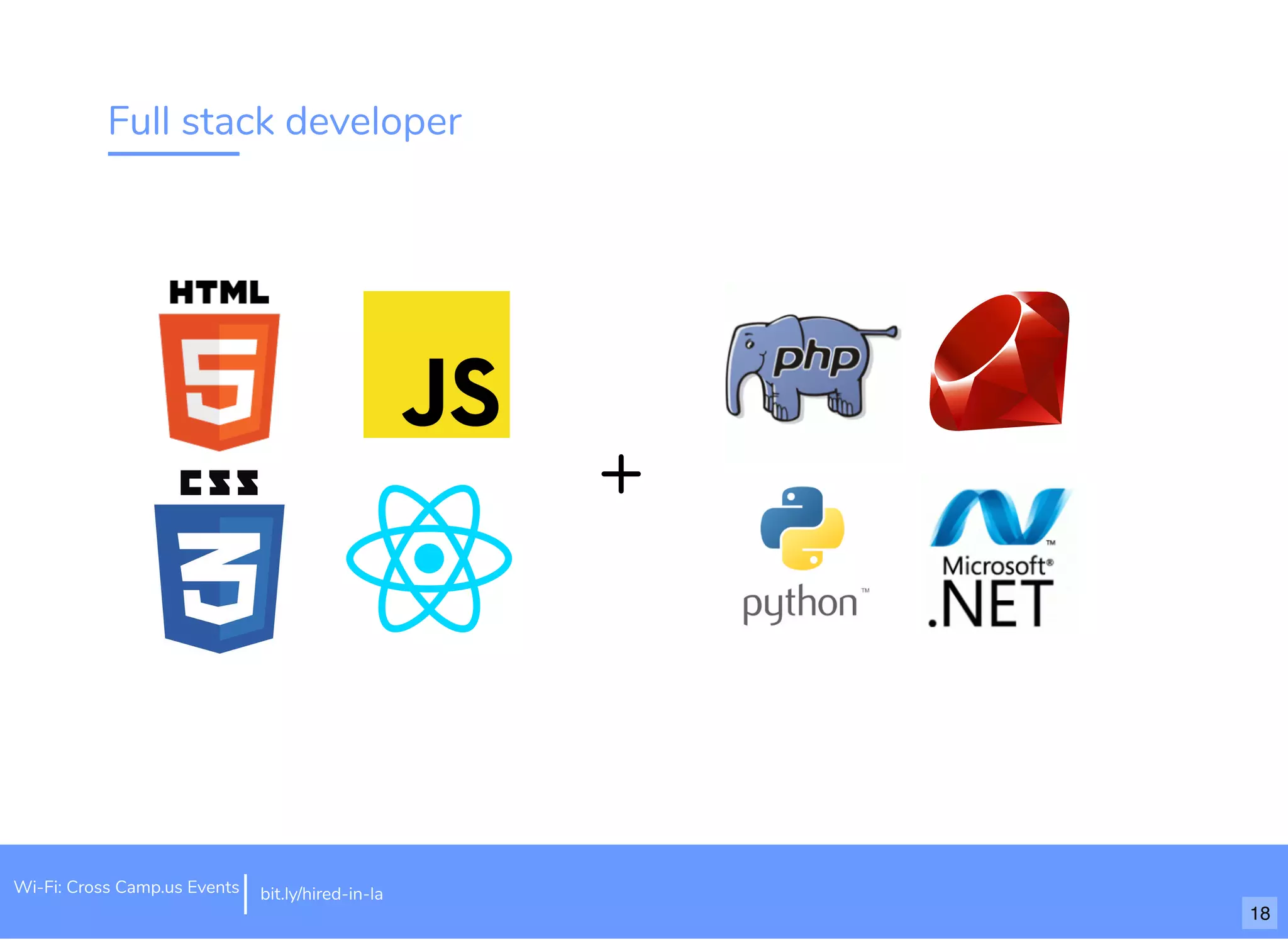 Full stack developer
+
Wi-Fi: Cross Camp.us Events bit.ly/hired-in-la
18
 