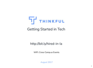 Getting Started in Tech
August 2017
WIFI: Cross Camp.us Events
http://bit.ly/hired-in-la
1
 