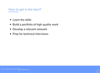 How to get in the door?
Learn the skills
Build a portfolio of high quality work
Develop a relevant network
Prep for technical interviews
Wi-Fi: Cross Camp.us Events bit.ly/hired-in-la
30
 
