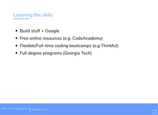 Learning the skills
Build stuff + Google
Free online resources (e.g. CodeAcademy)
Flexible/Full-time coding bootcamps (e.g Thinkful)
Full degree programs (Georgia Tech)
bit.ly/hired-in-laWi-Fi: Cross Camp.us Events
31
 