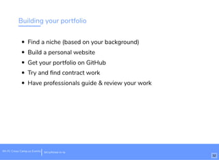 Building your portfolio
Find a niche (based on your background)
Build a personal website
Get your portfolio on GitHub
Try and ﬁnd contract work
Have professionals guide & review your work
bit.ly/hired-in-laWi-Fi: Cross Camp.us Events
32
 
