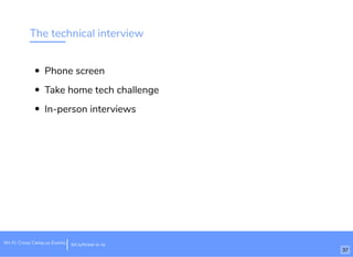 The technical interview
Phone screen
Take home tech challenge
In-person interviews
Wi-Fi: Cross Camp.us Events bit.ly/hired-in-la
37
 