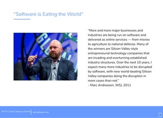 "Software is Eating the World"
“More and more major businesses and
industries are being run on software and
delivered as online services — from movies
to agriculture to national defense. Many of
the winners are Silicon Valley-style
entrepreneurial technology companies that
are invading and overturning established
industry structures. Over the next 10 years, I
expect many more industries to be disrupted
by software, with new world-beating Silicon
Valley companies doing the disruption in
more cases than not.”
- Marc Andreesen, WSJ, 2011
bit.ly/hired-in-laWi-Fi: Cross Camp.us Events
6
 