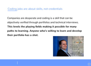 Coding jobs are about skills, not credentials
Companies are desperate and coding is a skill that can be
objectively veriﬁed through portfolios and technical interviews.
This levels the playing ﬁelds making it possible for manyThis levels the playing ﬁelds making it possible for many
paths to learning. Anyone who's willing to learn and developpaths to learning. Anyone who's willing to learn and develop
their portfolio has a shot.their portfolio has a shot.
11
 
