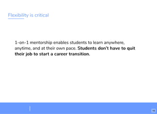 Flexibility is critical
1-on-1 mentorship enables students to learn anywhere,
anytime, and at their own pace. Students don’t have to quitStudents don’t have to quit
their job to start a career transition.their job to start a career transition.
16
 