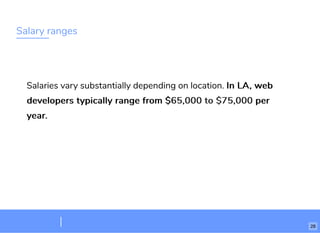 Salary ranges
Salaries vary substantially depending on location. In LA, webIn LA, web
developers typically range from $developers typically range from $65,000 to $75,00065,000 to $75,000 perper
year.year.
28
 