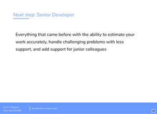 Next step: Senior Developer
Everything that came before with the ability to estimate your
work accurately, handle challenging problems with less
support, and add support for junior colleagues
Wi-Fi: TGSguest
Pass: tgsvisitor384
bit.ly/thinkful-hired-in-tech
20
 