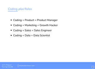 Coding plus Roles
Coding + Product = Product Manager
Coding + Marketing = Growth Hacker
Coding + Sales = Sales Engineer
Coding + Data = Data Scientist
Wi-Fi: TGSguest
Pass: tgsvisitor384
bit.ly/thinkful-hired-in-tech
21
 