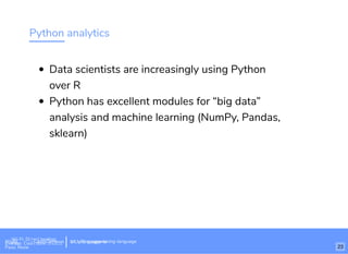 Python analytics
Data scientists are increasingly using Python
over R
Python has excellent modules for “big data”
analysis and machine learning (NumPy, Pandas,
sklearn)
Wi-Fi: Digital Ignition
Pass: Countdown54321 bit.ly/tf-programming-languageWi-Fi: CrossCamp.usEvents
Pass: None
bit.ly/language-la
23
 