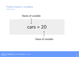 Python basics: variables
cars = 20
Name of variable
Value of variable
Wi-Fi: Digital Ignition
Pass: Countdown54321 bit.ly/tf-programming-languageWi-Fi: CrossCamp.usEvents
Pass: None 25
bit.ly/language-la
 