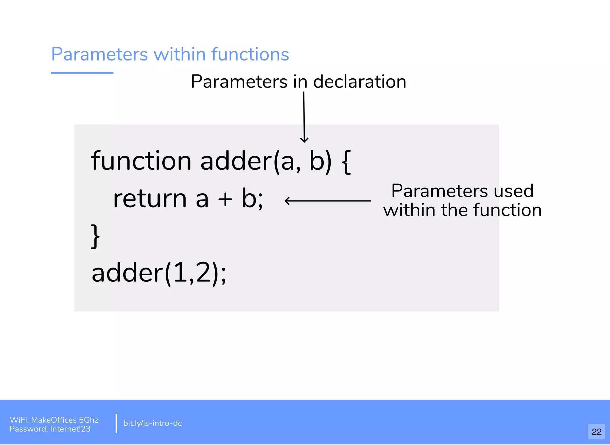 Parameters within functions function adder(a, b) { return a + b; } adder(1,2); Parameters in declaration Parameters used within the function bit.ly/js-intro-dcWiFi: MakeOfﬁces 5Ghz Password: Internet!23 22 